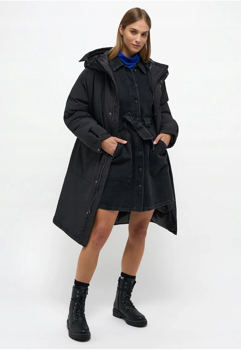 Jacheta Dama,  Long Parka, Regular Fit, Design Clasic, Maneci Lungi, 2 Buzunare, Cu Fermoar, Bumbac, Negru, Negru