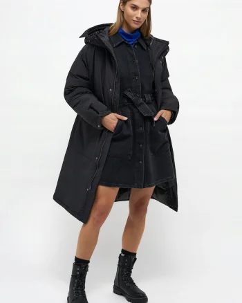 Jacheta Dama,  Long Parka, Regular Fit, Design Clasic, Maneci Lungi, 2 Buzunare, Cu Fermoar, Bumbac, Negru, Negru
