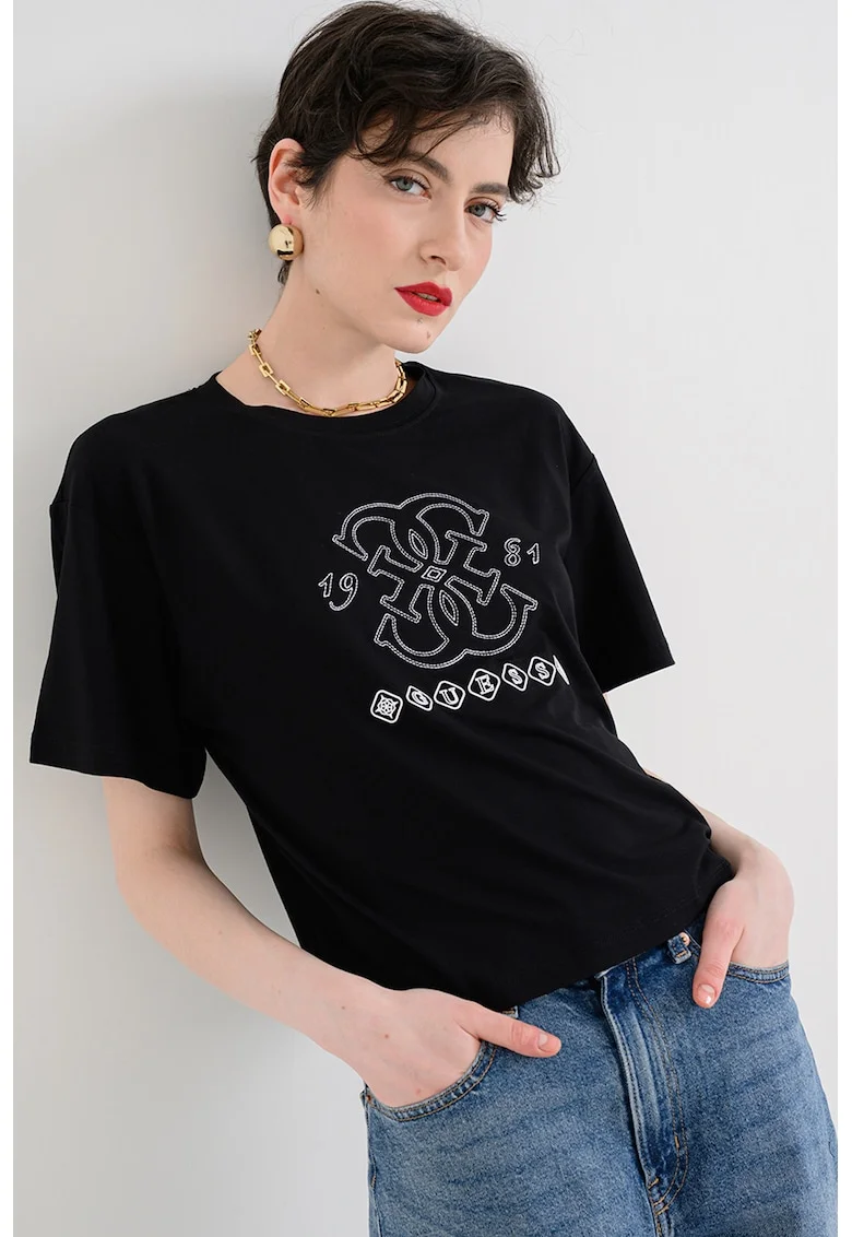 Tricou cu decolteu la baza gatului si logo, Negru