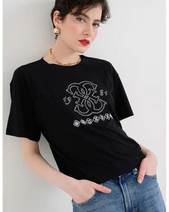 Tricou cu decolteu la baza gatului si logo, Negru