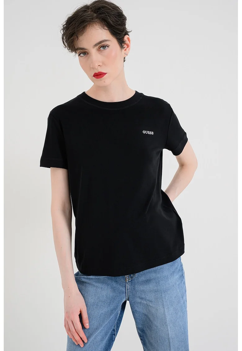 Tricou din amestec de lyocell cu decolteu la baza gatului, Negru