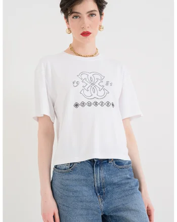 Tricou cu decolteu la baza gatului si logo, Negru/Alb optic