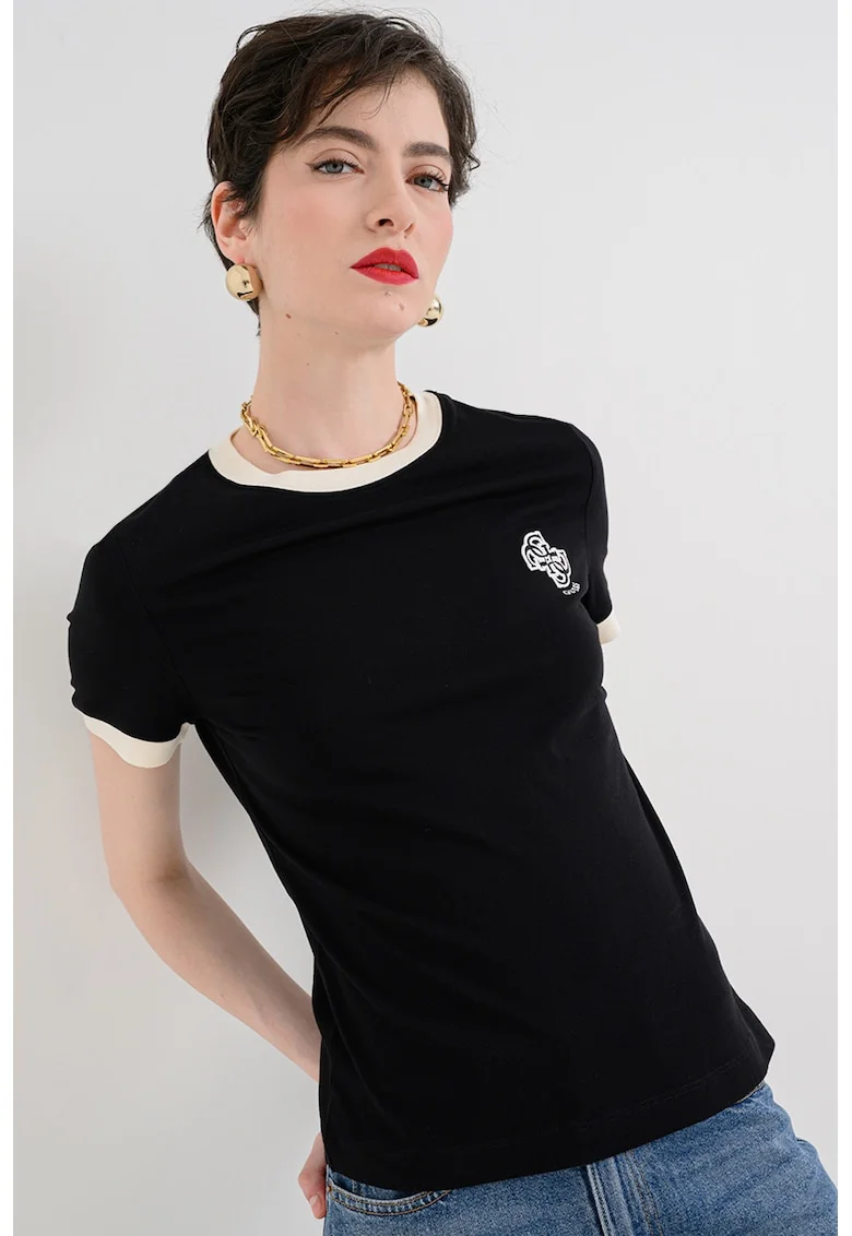 Tricou din bumbac cu detalii contrastante, Alb fildes/Negru