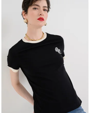 Tricou din bumbac cu detalii contrastante, Alb fildes/Negru