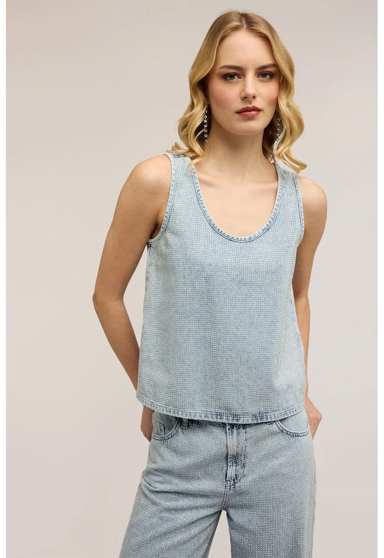 Top de denim cu strasuri, Albastru pastel