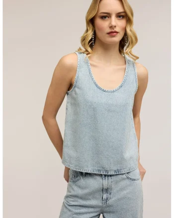 Top de denim cu strasuri, Albastru pastel