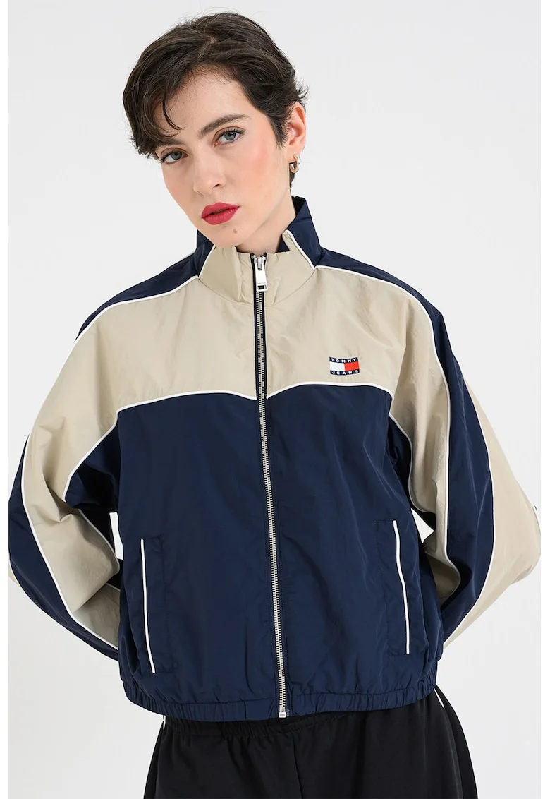 Jacheta cu fermoar si logo, Grej/Bleumarin