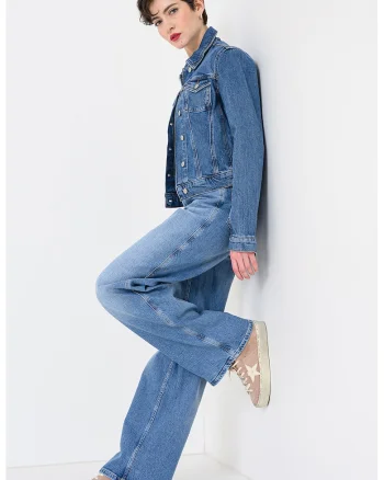 Jacheta crop de denim, Albastru melange