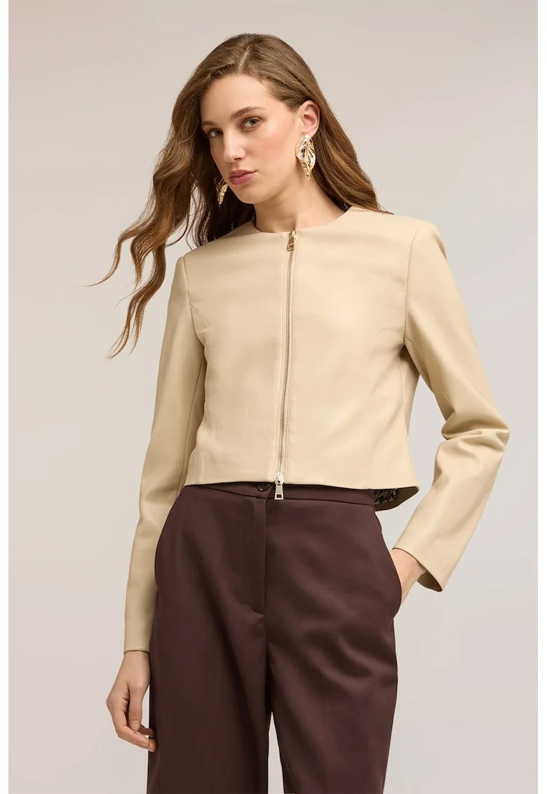 Jacheta crop de piele ecologica, Bej