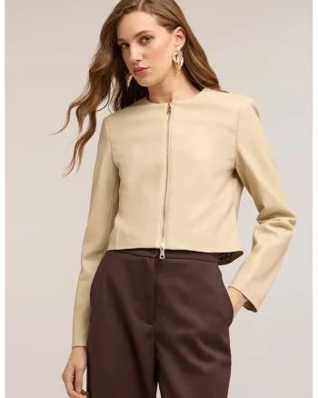 Jacheta crop de piele ecologica, Bej