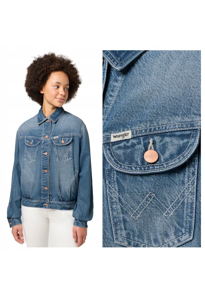 Jacheta Dama,  Jumbo Trucker Jacket, Regular Fit, Design Clasic, Maneci Lungi, 2 Buzunare, Cu Nasturi, Bumbac, Albastru, Albastru