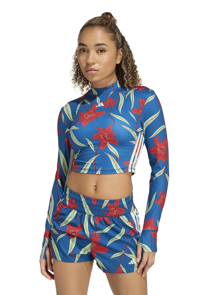 Bluza crop cu model floral si guler scurt pentru fitness, Coral/Verde pal/Albastru royal
