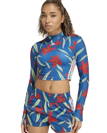 Bluza crop cu model floral si guler scurt pentru fitness, Coral/Verde pal/Albastru royal