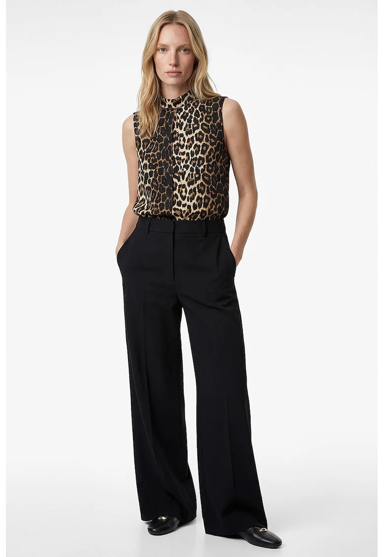 Top cu model animal print si guler scurt, Negru/Bej