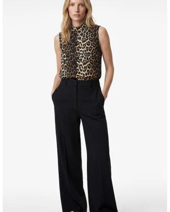 Top cu model animal print si guler scurt, Negru/Bej