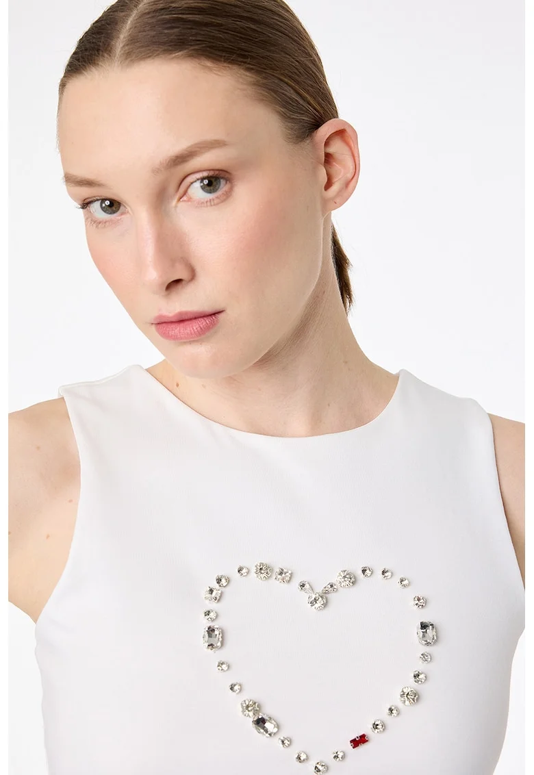 Top slim fit cu aplicatie cu strasuri, Alb