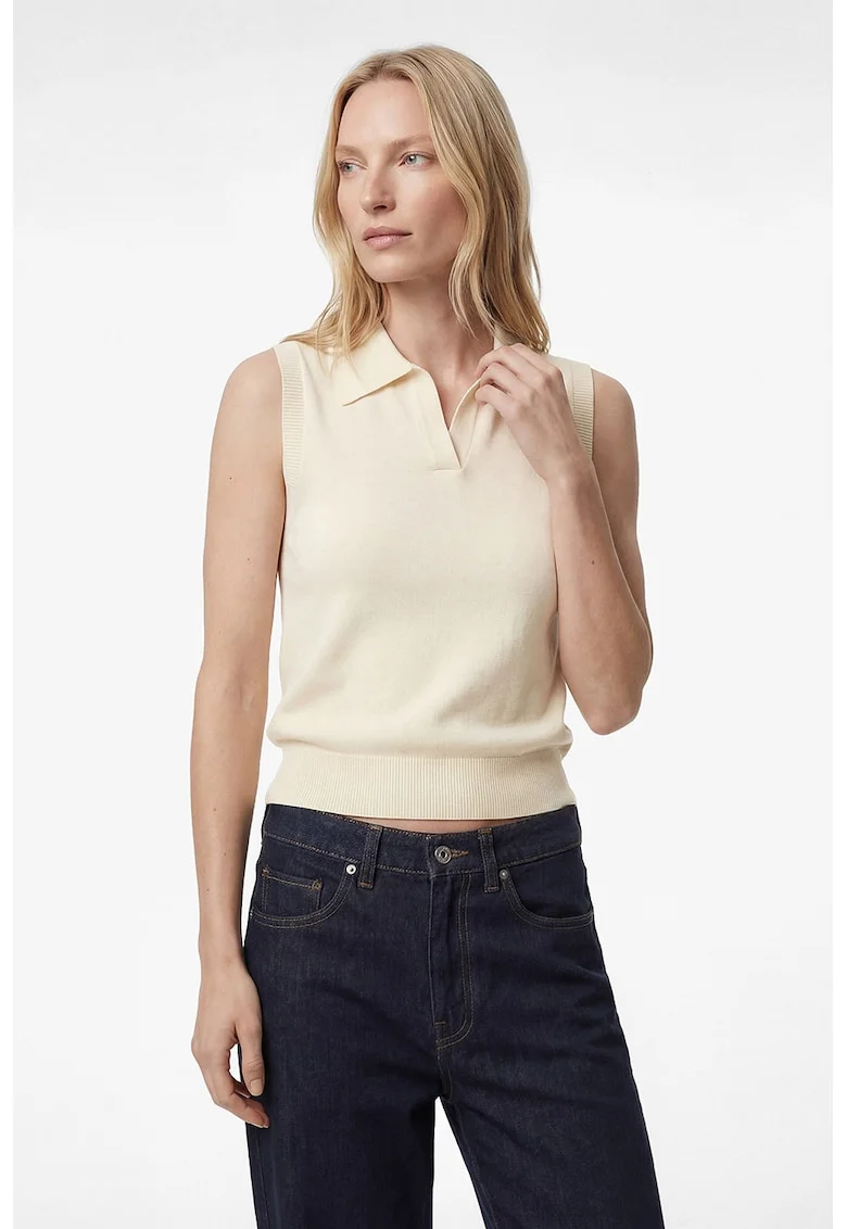 Top fara maneci cu guler polo, Crem