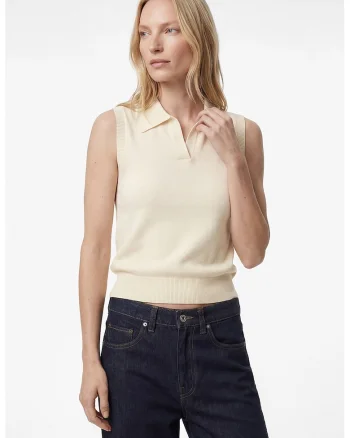 Top fara maneci cu guler polo, Crem