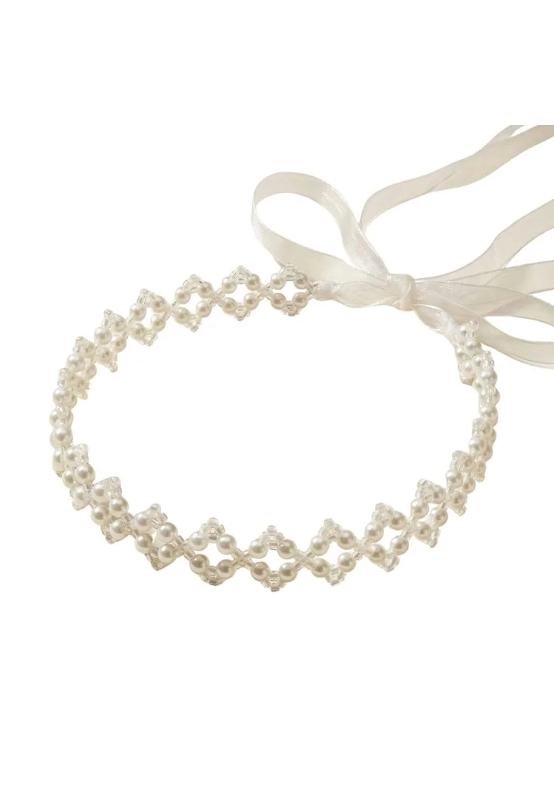 Bentita copii,  Coronita cu Perle si Margele, Organza, Alb