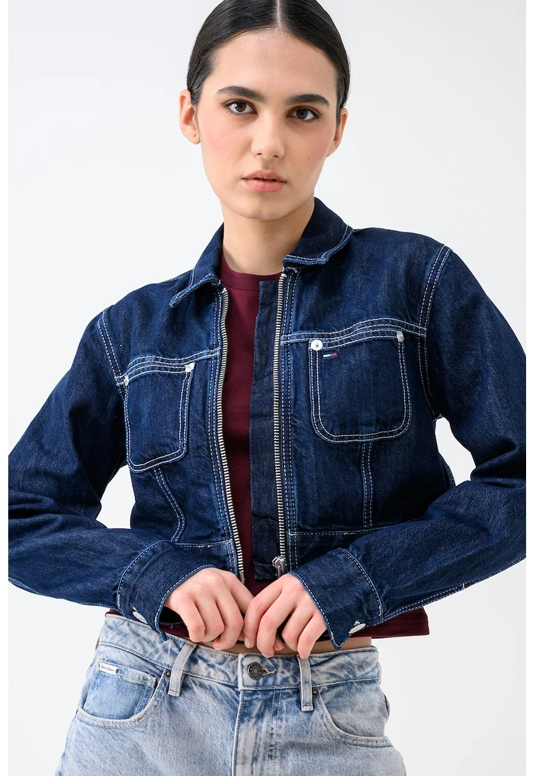 Jacheta crop din denim cu fermoar, Bleumarin