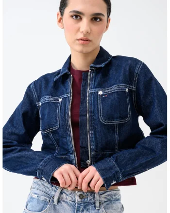 Jacheta crop din denim cu fermoar, Bleumarin