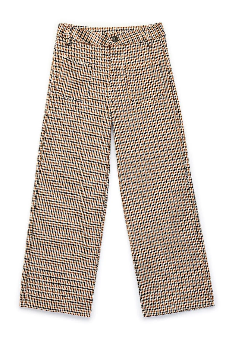 Pantaloni cu croiala ampla, model in carouri si talie inalta, Maro taupe