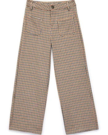 Pantaloni cu croiala ampla, model in carouri si talie inalta, Maro taupe