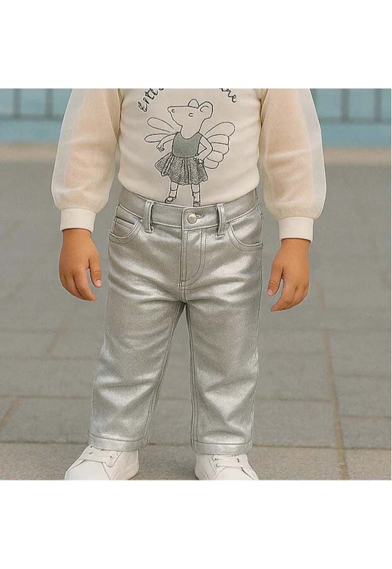 Blugi drepti cu folie argintie,  - Little Ballerina, Gri, pentru fetite, Gri/Argintiu