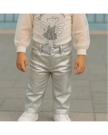 Blugi drepti cu folie argintie,  - Little Ballerina, Gri, pentru fetite, Gri/Argintiu