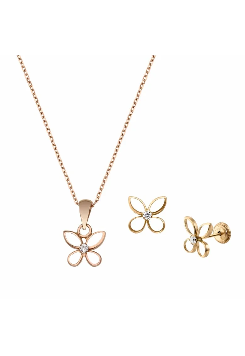Set lantisor si cercei pentru copii, aur roz cu diamante