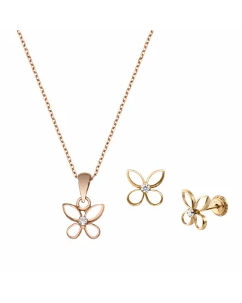 Set lantisor si cercei pentru copii, aur roz cu diamante