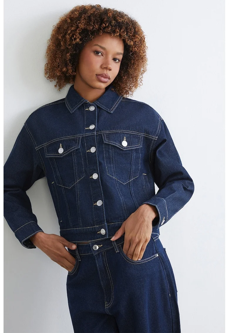 Jacheta din denim cu buzunare cu clapa, Albastru inchis