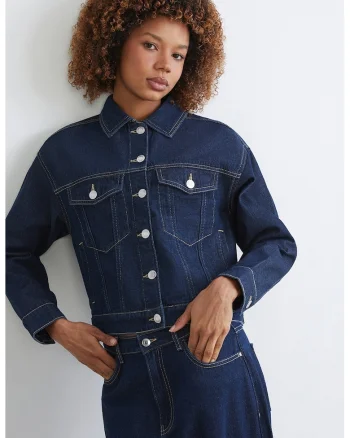 Jacheta din denim cu buzunare cu clapa, Albastru inchis