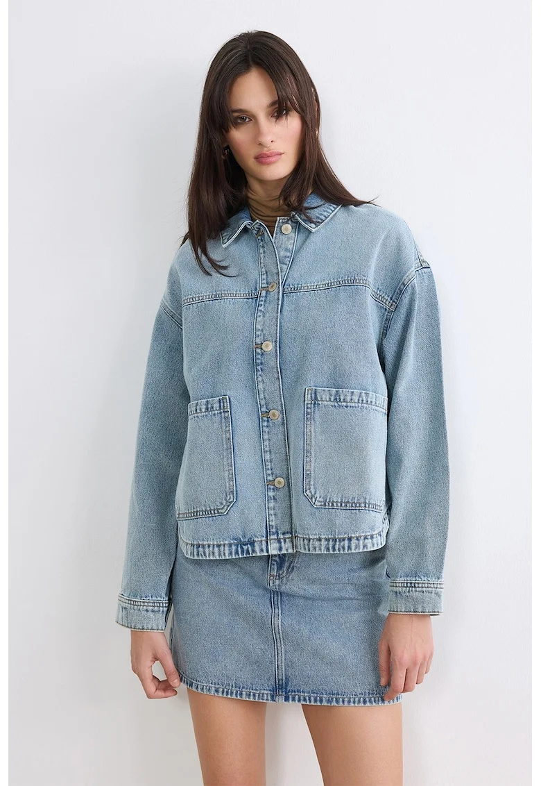 Jacheta-camasa din denim cu maneci cazute, Albastru azur