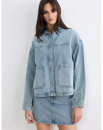 Jacheta-camasa din denim cu maneci cazute, Albastru azur