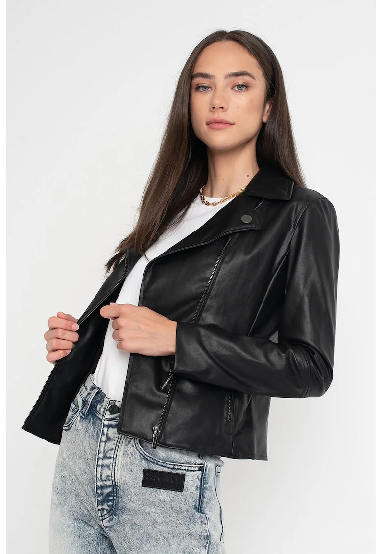 Jacheta de piele ecologica cu revere decupate, Negru