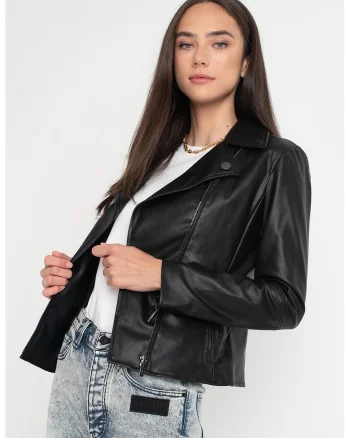 Jacheta de piele ecologica cu revere decupate, Negru