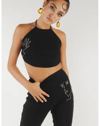 Top crop striat cu broderie, Negru