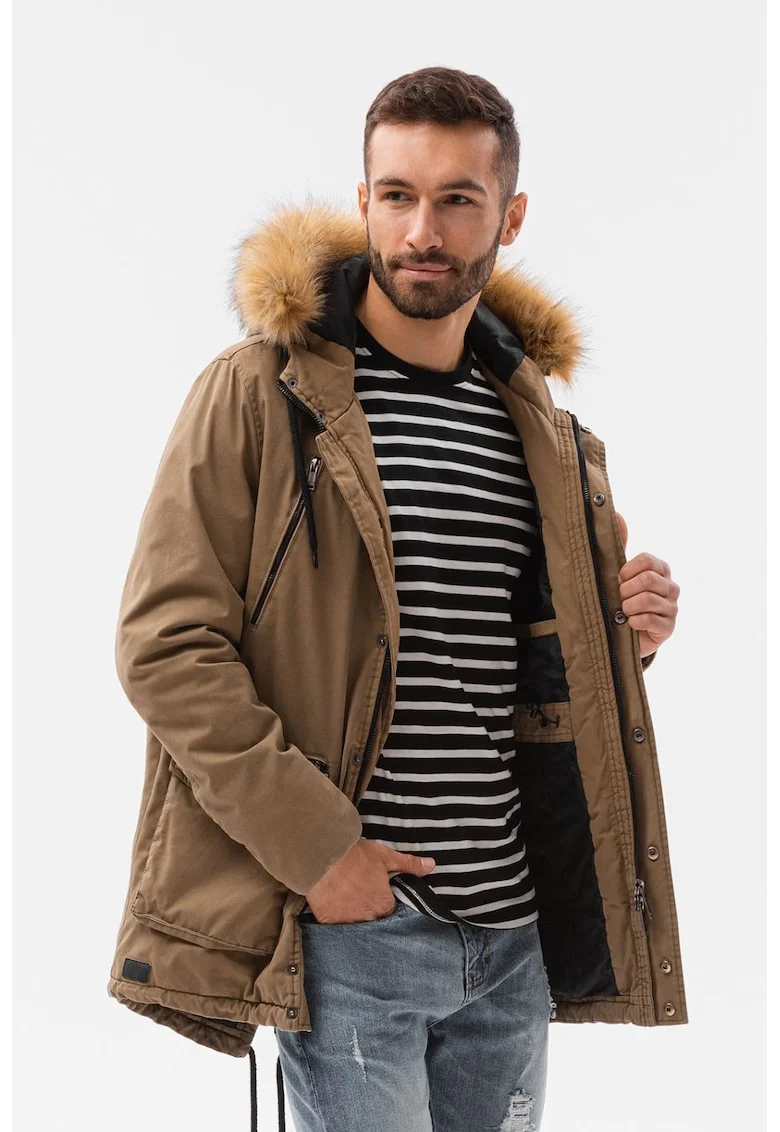 Geaca parka usoara cu garnitura din blana sintetica, Maro camel