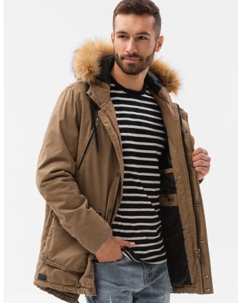 Geaca parka usoara cu garnitura din blana sintetica, Maro camel