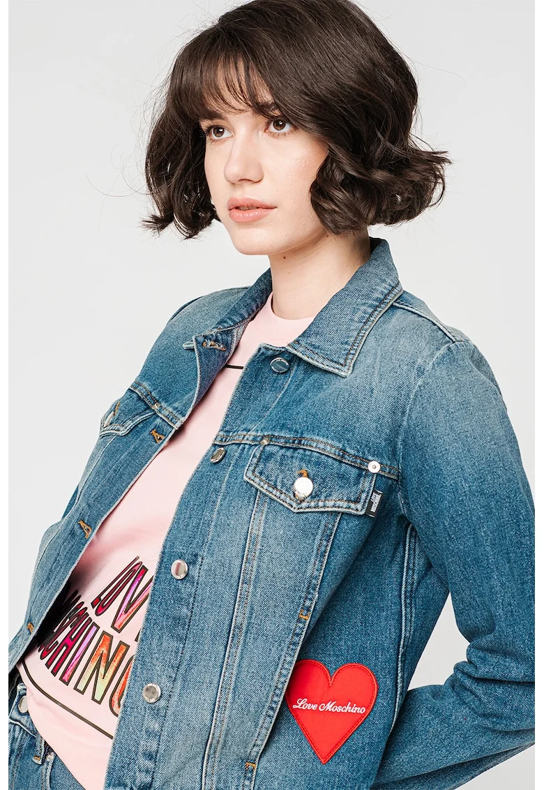 Jacheta de denim cu aplicatie logo, Albastru