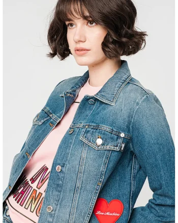 Jacheta de denim cu aplicatie logo, Albastru