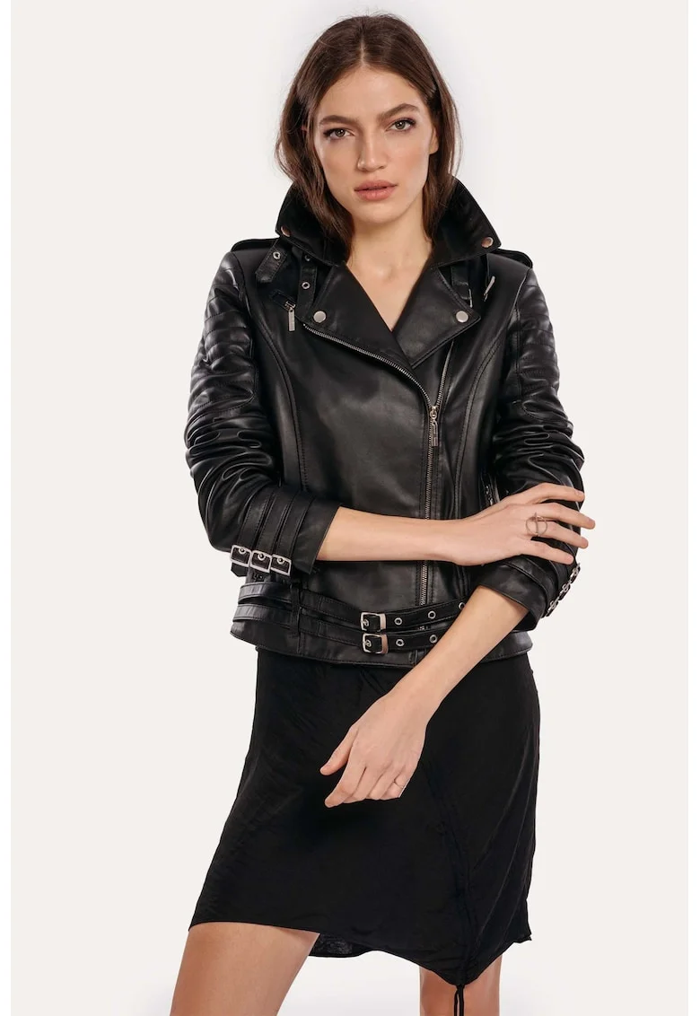 Geaca din piele naturala pentru femei, model Neo Biker, Negru