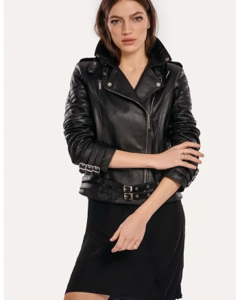 Geaca din piele naturala pentru femei, model Neo Biker, Negru