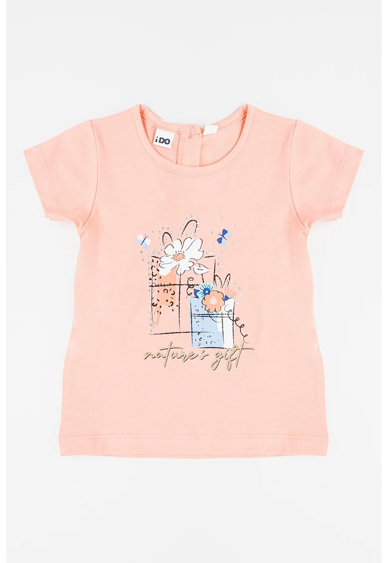 Tricou cu decolteu rotund si imprimeu, Albastru pastel/Piersica/Alb optic