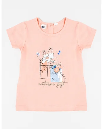Tricou cu decolteu rotund si imprimeu, Albastru pastel/Piersica/Alb optic