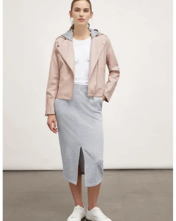 Jacheta biker de piele sintetica cu gluga, Roz pal