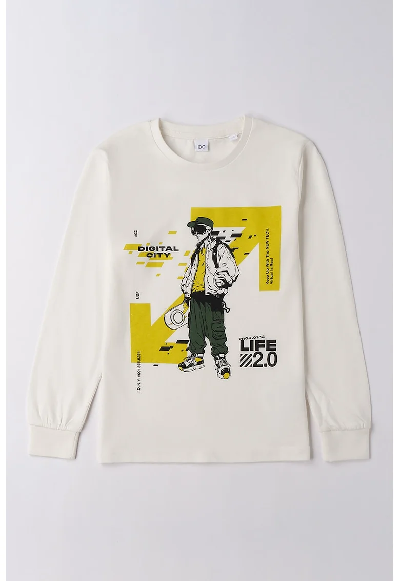 Bluza cu imprimeu si decolteu la baza gatului, Galben/Crem