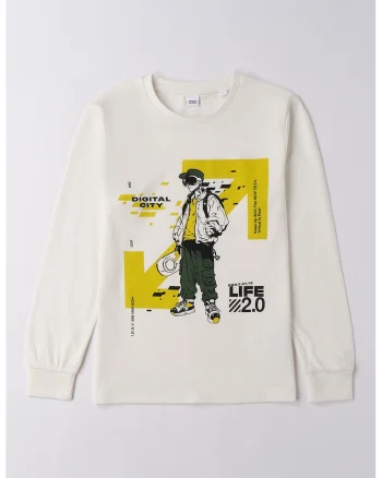 Bluza cu imprimeu si decolteu la baza gatului, Galben/Crem