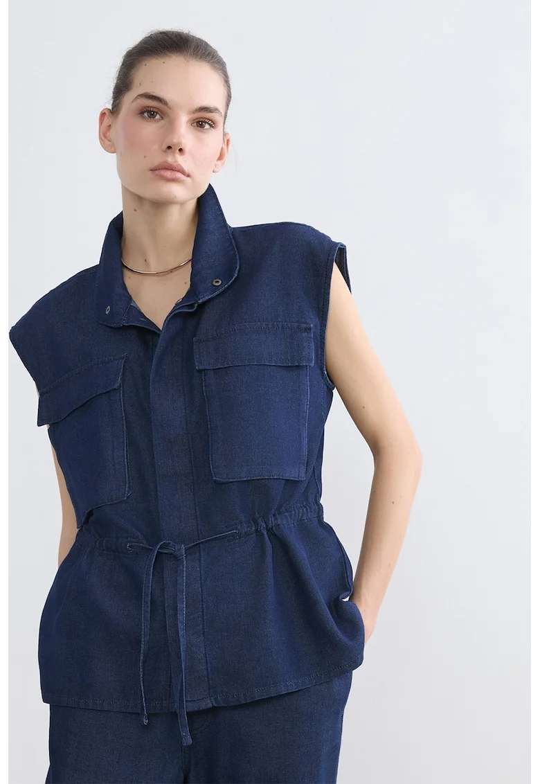 Jacheta din denim cu maneci scurte si snur de ajustare in talie, Bleumarin